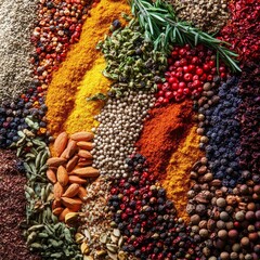 Colorful assortment of dried herbs and spices.
