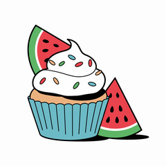 Cupcake with Watermelon Slices and Whipped Cream Illustration