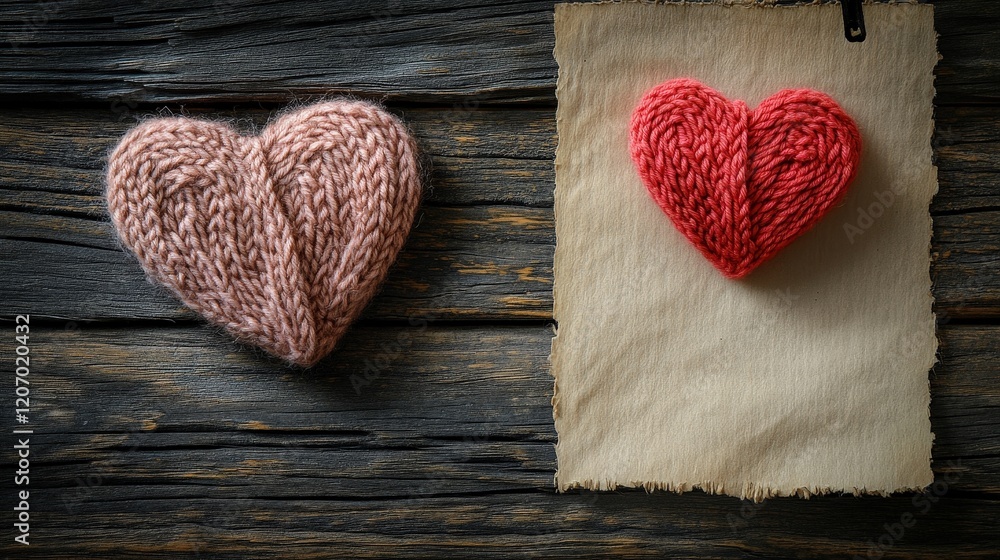Poster two knitted hearts in soft textures on a rustic wooden background with an empty note for creative va