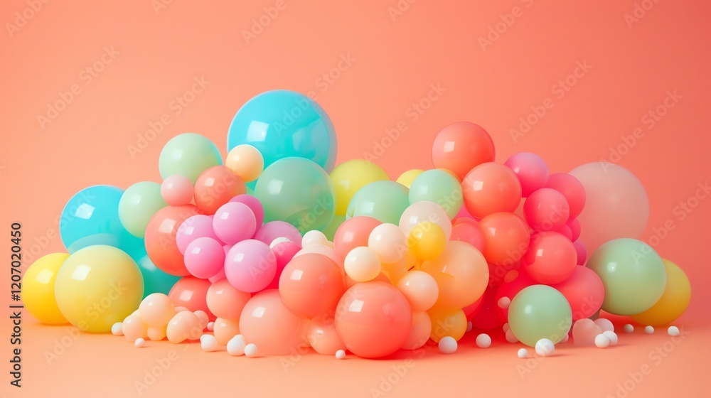 Poster a 3d rendering of a large cluster of variously-colored spheres on a matching background.