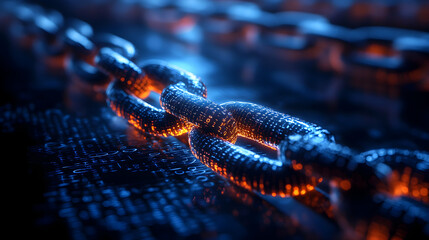 A close-up view of futuristic digital chains glowing in blue and orange hues, symbolizing security and connectivity in technology.