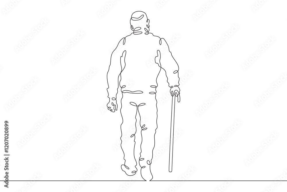 Poster continuous one line drawing elderly man on a walk. old man with a cane. pensioner. one continuous li