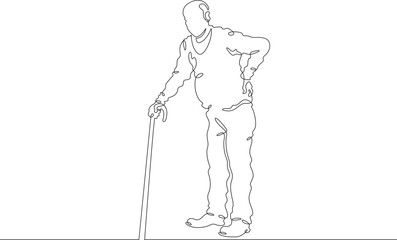 Continuous one line drawing elderly man on a walk. Old man with a cane. Pensioner. One continuous line isolated minimal illustration.Not AI.