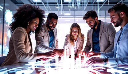 Diverse team collaborates on innovative digital project, showcasing modern business technology and teamwork - Powered by Adobe