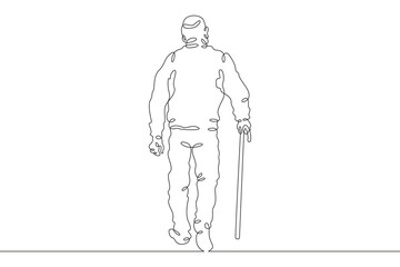 Continuous one line drawing elderly man on a walk. Old man with a cane. Pensioner. One continuous...
