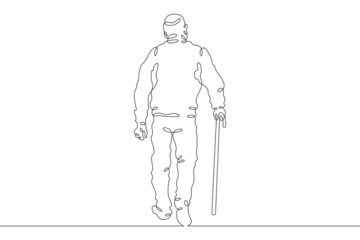 Continuous one line drawing elderly man on a walk. Old man with a cane. Pensioner. One continuous line isolated minimal illustration.Not AI.