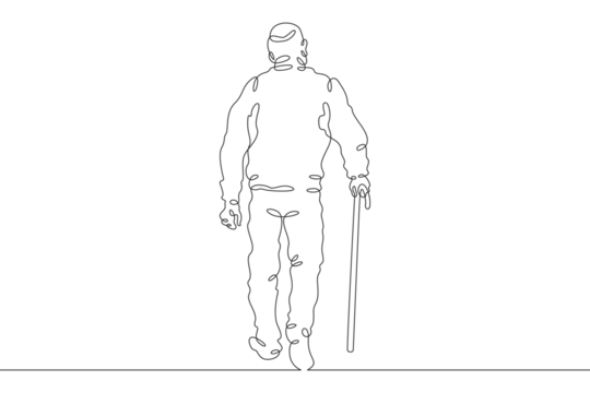 Continuous one line drawing elderly man on a walk. Old man with a cane. Pensioner. One continuous line isolated minimal illustration.Not AI.
