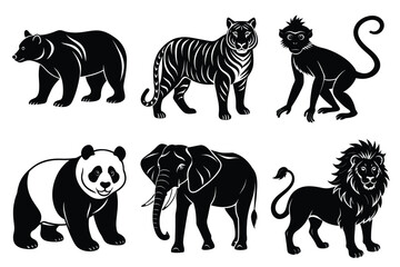 Wildlife animal silhouettes set isolated on white background