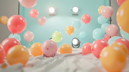 A beautiful 3D rendering of a bunch of pastel-colored balloons floating in a blue room with soft lighting.