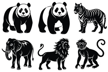 Wildlife animal silhouettes set isolated on white background