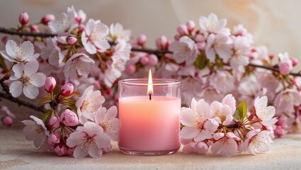 Pink candle, cherry blossoms, spring. Peaceful background, ideal for meditation or relaxation