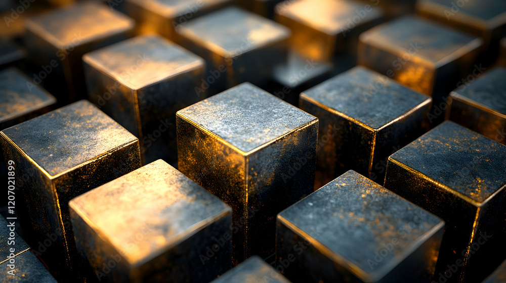 Poster close-up view of metallic cubes arranged in a geometric pattern, showcasing texture and light interp