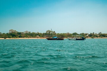 Scenic view of fishing boats amidst Mangrove trees on the beach at Funzi Island in Diani Beach, Kenya 