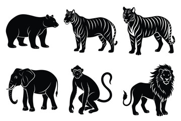 Wildlife animal silhouettes set isolated on white background