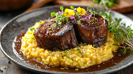 Artistic Presentation of Osso Buco on Creamy Risotto with Garnish