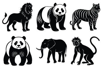 Wildlife animal silhouettes set isolated on white background