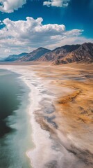 Stunning aerial view of desert landscape meets the ocean. Mountains rise majestically in the distance. Natures splendor is captured beautifully. Generative AI
