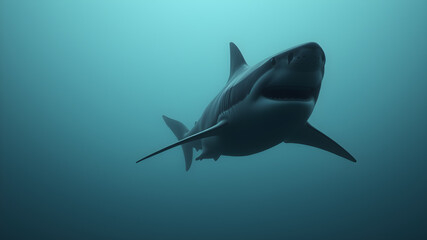 Naklejka premium Shark in the sea, dramatic foggy photo. Generative AI