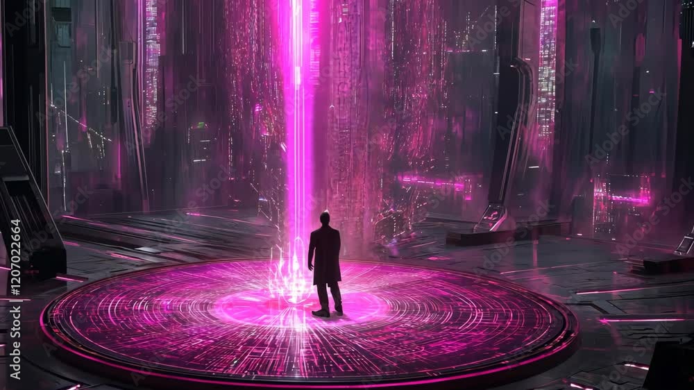 Poster futuristic figure stands in a neon pink light in a digital landscape with towering structures and gl