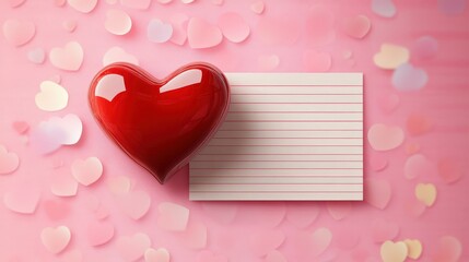 Blank note paper with a shiny red heart on a romantic pink background adorned with heart-shaped confetti for heartfelt messages or invitations