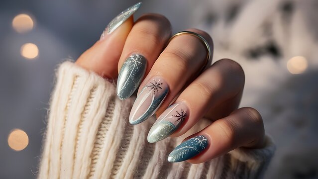 Elegant Winter Nail Art: Frosty Blue and Silver Snowflake Design