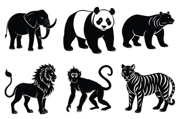 Wildlife animal silhouettes set isolated on white background