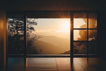 Fototapeta premium Golden Sunset View Through Large Window In Mountain Cabin