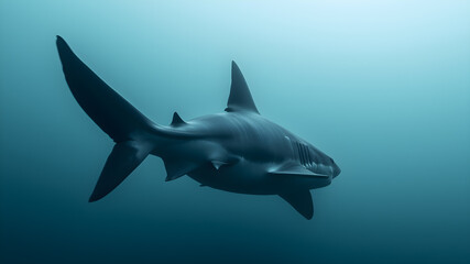 Fototapeta premium Shark in the sea, dramatic foggy photo. Generative AI