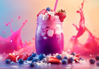 Layered berry smoothie in mason jar with fresh fruit and coconut flakes, vibrant pink and purple splash background.