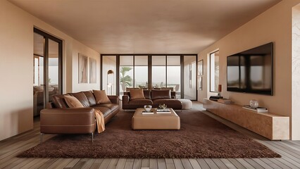 Fototapeta premium Brown and beige modern living room - rendering