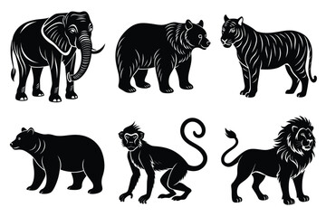 Wildlife animal silhouettes set isolated on white background