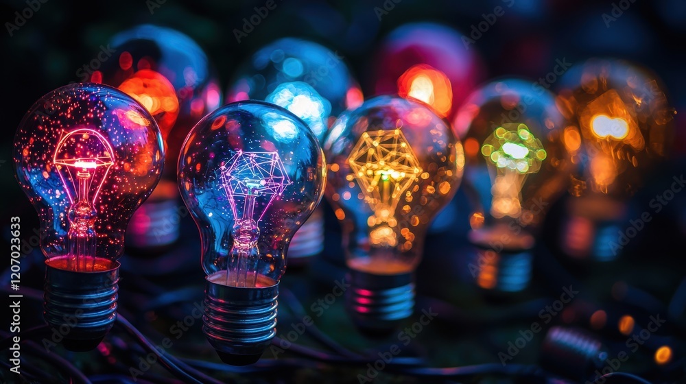 Aufkleber lightbulb brainstorming multiple colorful lightbulbs clustered together, each containing different i