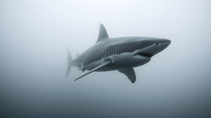 Fototapeta premium Shark in the sea, dramatic foggy photo. Generative AI
