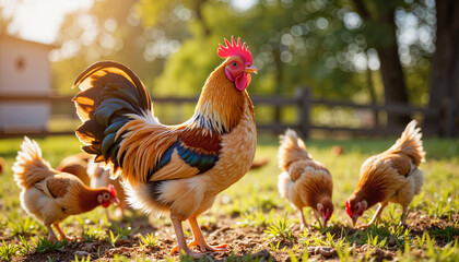 Fototapeta premium Vibrant French rooster crowing in sunny farmyard, rustic beauty