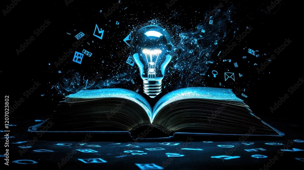 Aufkleber lightbulb brainstorming an open book with a glowing lightbulb emerging from its pages, surrounded by