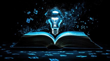 Obraz premium Lightbulb Brainstorming An open book with a glowing lightbulb emerging from its pages, surrounded by floating letters and symbols, representing knowledge, inspiration, and creative thinking.