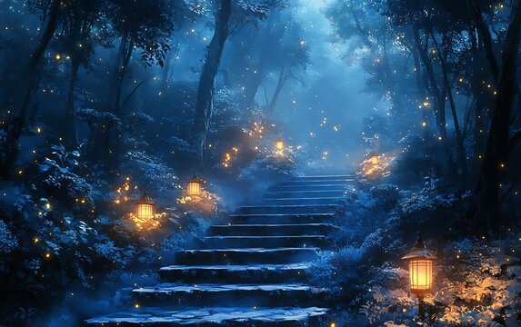 Enchanted Forest Steps Glowing Firefly Night Illustration