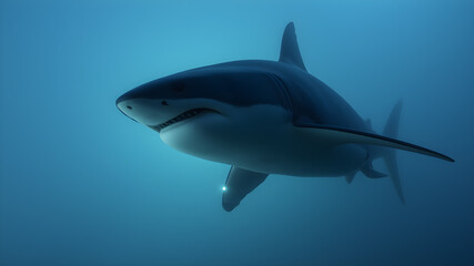 Fototapeta premium Shark in the sea, dramatic foggy photo. Generative AI