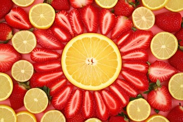 Vibrant Fruit Arrangement: Fresh Strawberries, Lemons, and Oranges