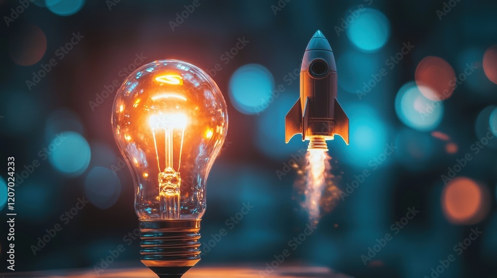 Poster lightbulb startup and entrepreneurship a lightbulb with a rocket ship launching from it, symbolizing