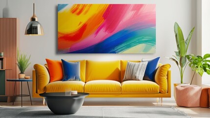 Modern Living Room Interior with Abstract Art, Yellow Sofa and Colorful Pillows