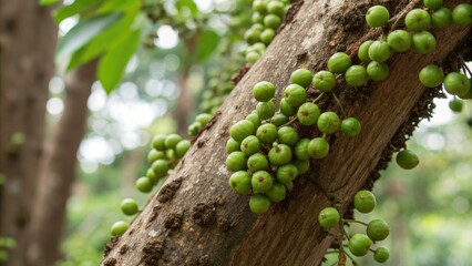 Close-up of green berries on a brown tree trunk, texture, verdant, dense