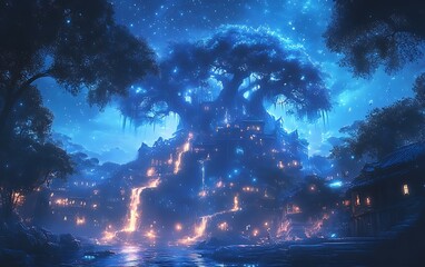 Magical Blue Village Glowing Lights Landscape Artwork