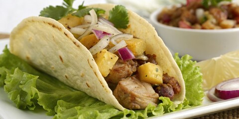 Close-up of juicy pork taco filled with pineapple and onions on a bed of lettuce, taco, fresh vegetables