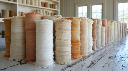 A Collection of Hand-Dyed Linen Fabric Rolls in Various Earthy Tones Arranged on a White Table