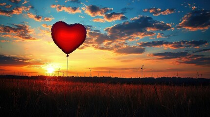 Fototapeta premium Heart Balloon A heart shaped balloon floating away into the sunset, symbolizing letting go, moving on, and the bittersweet feeling of lost love.