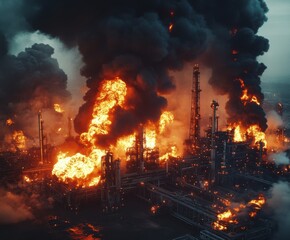 Fototapeta premium Devastating fire engulfing an industrial complex in a dramatic display of flames and smoke