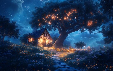 Enchanted Night Cottage Landscape Digital Art