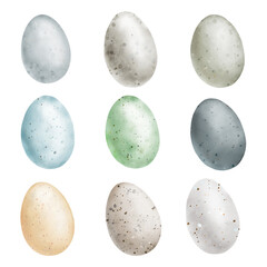 Delicate Easter eggs in a set. Watercolor digital illustration. Pink, blue, green and yellow eggs with cute spots isolated on white background. Spring and Easter theme, dragon eggs
