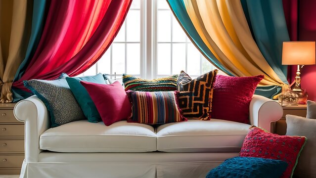 Bright composition consisting of a white sofa, colored pillows, curtains and drawer unit with table lamp